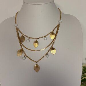 Gold-Plated Layered Necklace Textured Leaf White Bead Dangles Korea Timeless NEW